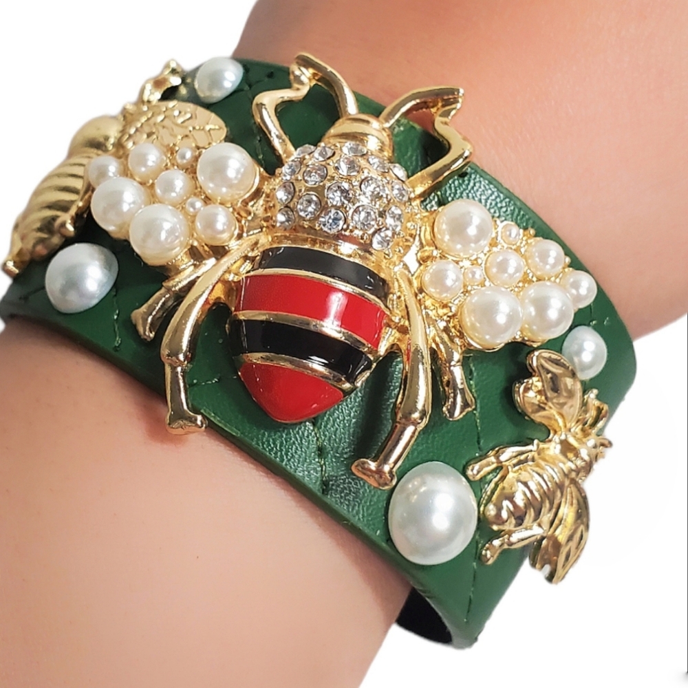 Green Gold Bee with Faux Pearls Bangle Bracelet, Honey Bee Statement Cuff